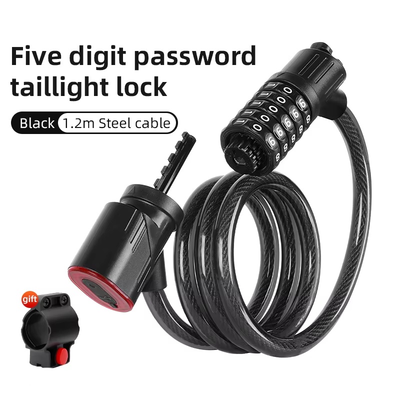 Bike Tail Light - テールライト付き自転車ロック 5桁セキュリティパスワード自転車ロック スチールケーブルチェーン 盗難防止自転車バイクアクセサリー