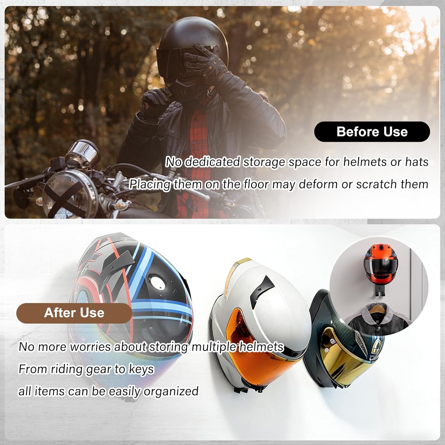 オートバイヘルメットホルダー壁掛け、頑丈なヘルメットハンガー - Cycling Gear Wall Mount のレビューと価格